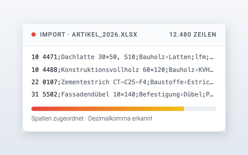 Import-Ansicht mit Artikelzeilen und Fortschritt der Spaltenzuordnung