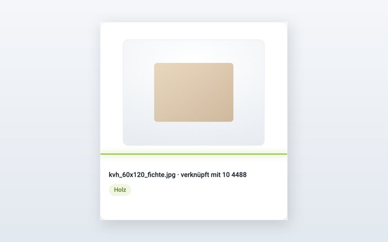 Bildkarte mit Dateiname, verknüpfter Artikelnummer und Schlagwort