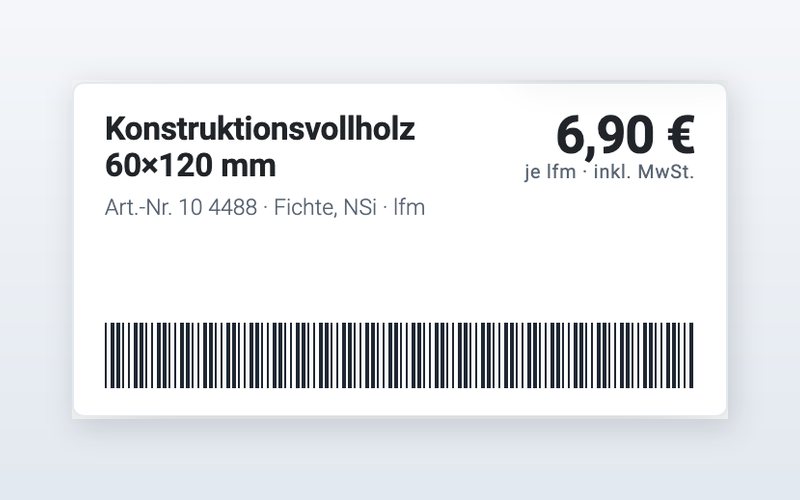 Preisetikett mit Artikelbezeichnung, Preis und Barcode