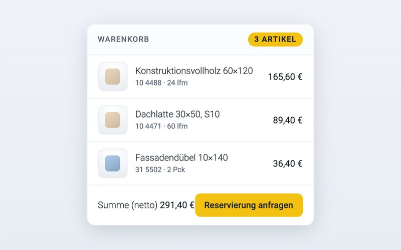 Warenkorb mit drei Artikeln, Summe und Schaltfläche zur Reservierung